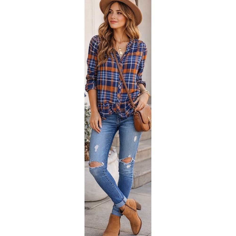 Matilda Jane Plaid Peplum Top Women Small Blue Orange Ruffle Tunic Boho Fall